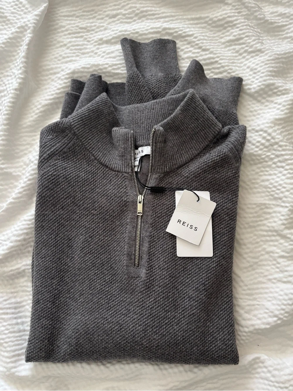 Reiss Gray Textured Funnel Quarter zip Wool Blend Sweater